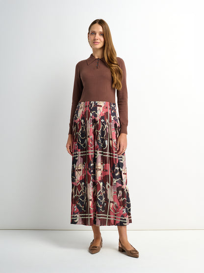 Knit Polo Top Pleat Dress - Brown