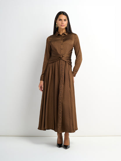 Waist Knot Maxi Shirtdress - Dark Brown
