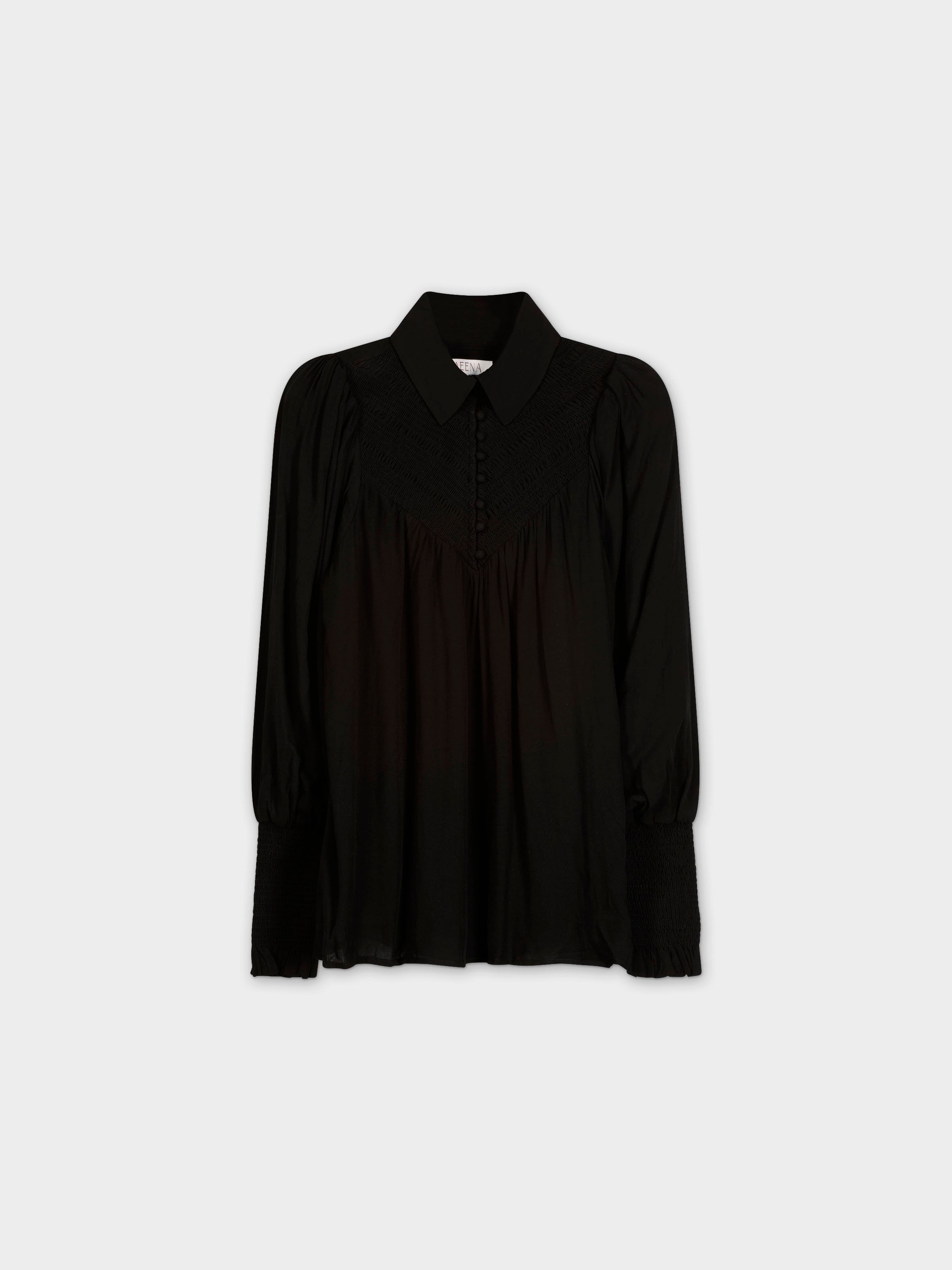 SMOCKED BLOUSE-BLACK