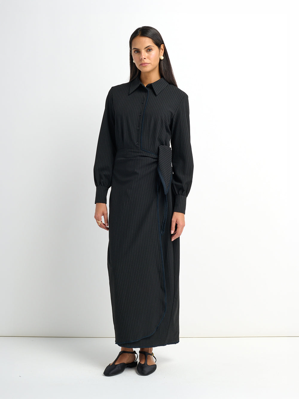 Wrap Shirtdress - Black Pinstripe