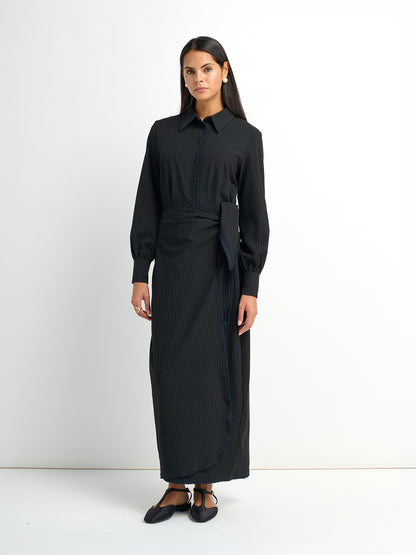 Wrap Shirtdress - Black Pinstripe
