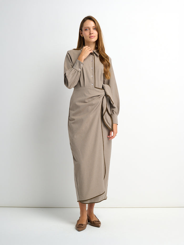 Wrap Shirtdress - Taupe Pinstripe