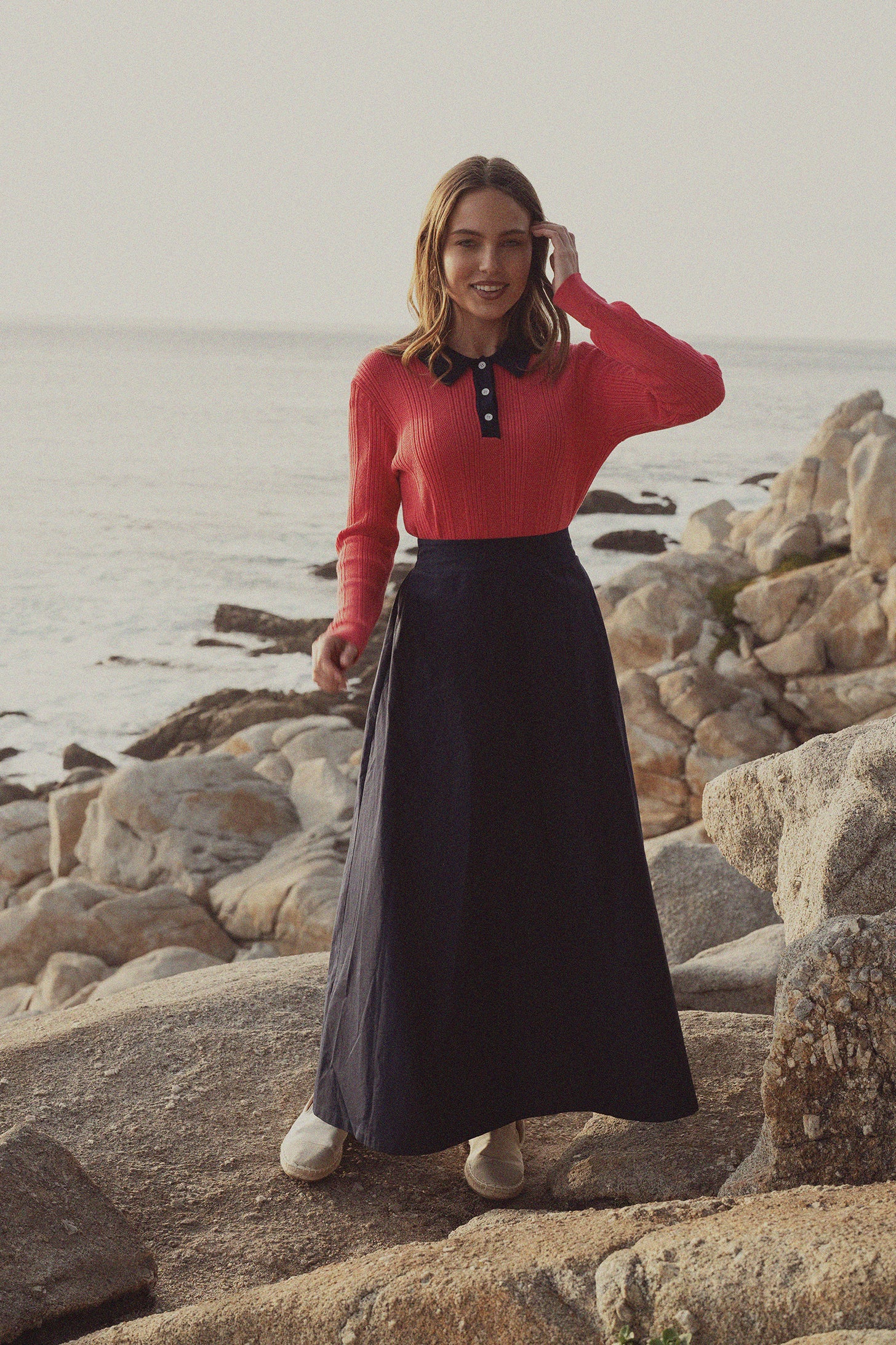 Elastic Back Maxi Cotton Blend Skirt-Navy