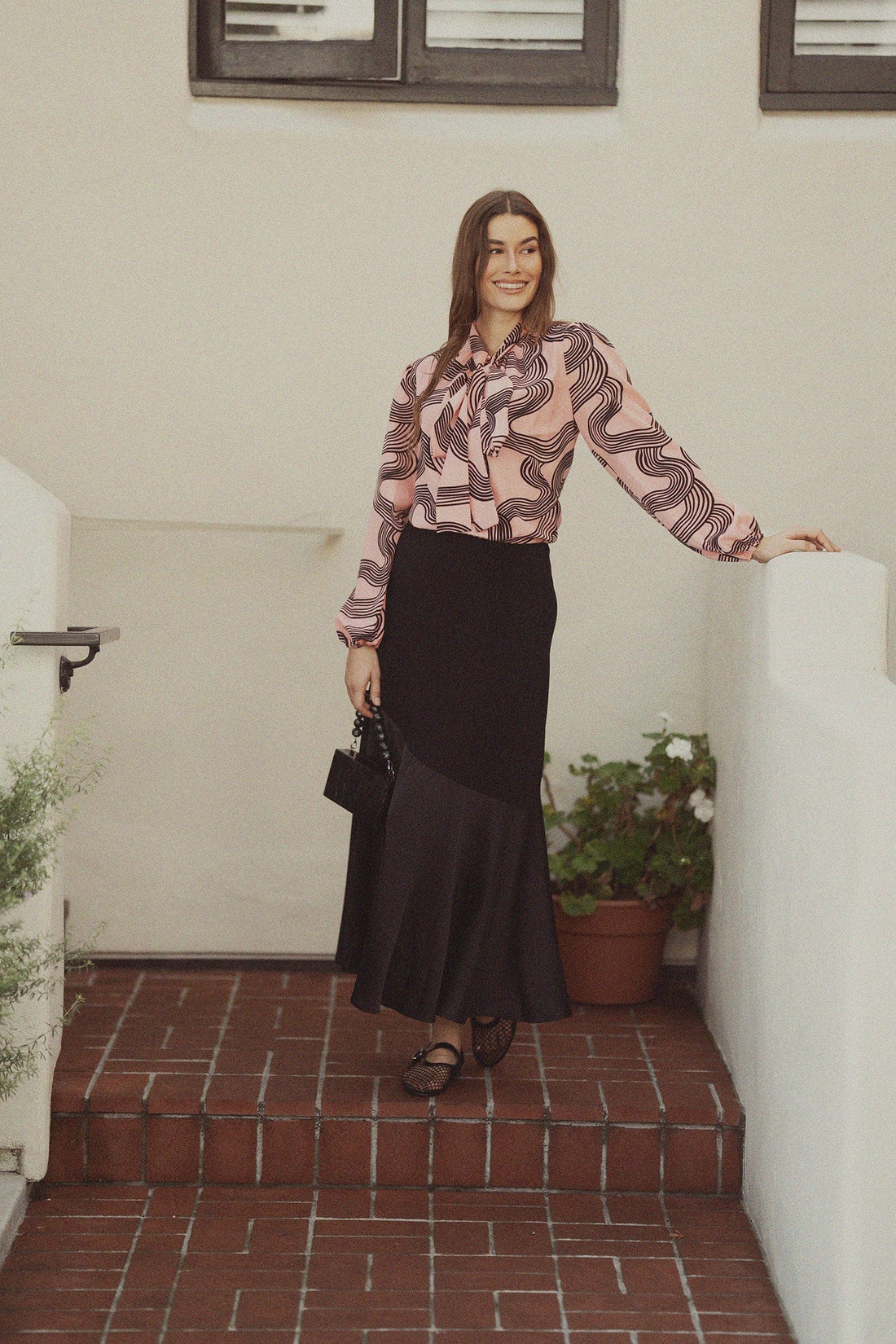 Front Placket Bow Blouse-Black Swirl