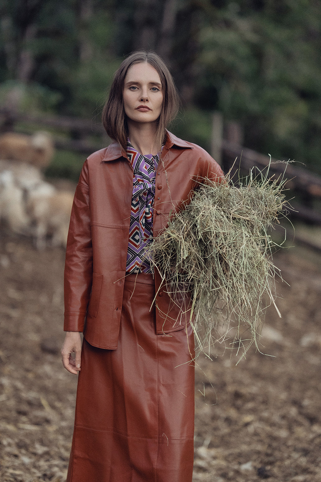 Leather A-Line Skirt-Cognac