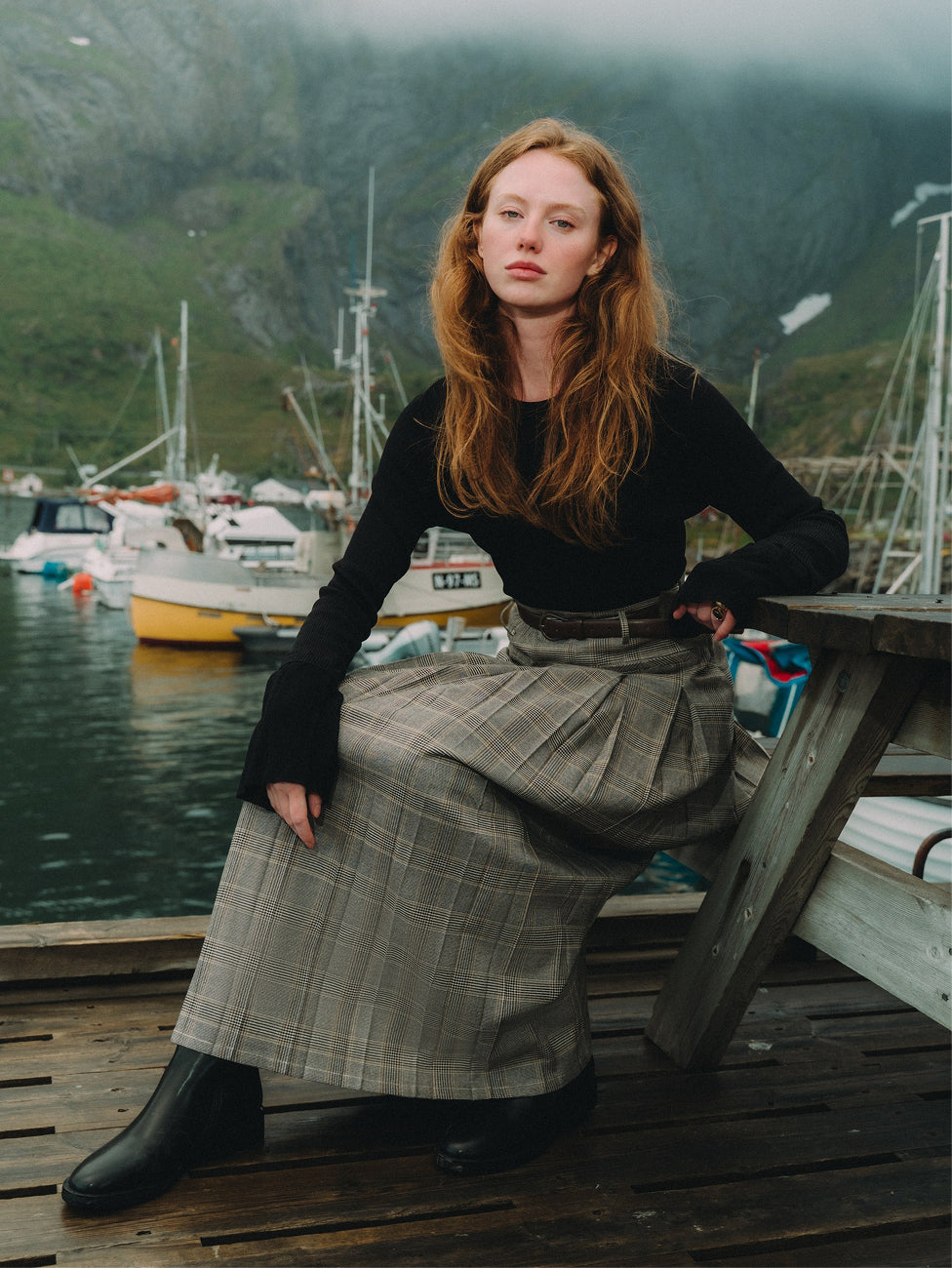Pocket Design Yoke Pleated Skirt - Black/Tan Plaid