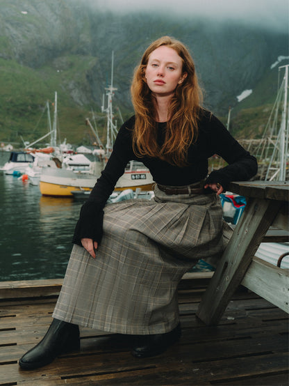 Pocket Design Yoke Pleated Skirt - Black/Tan Plaid