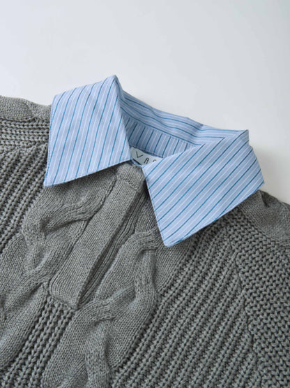 Shirt Collar Sweater - Grey/Light Blue Stripe