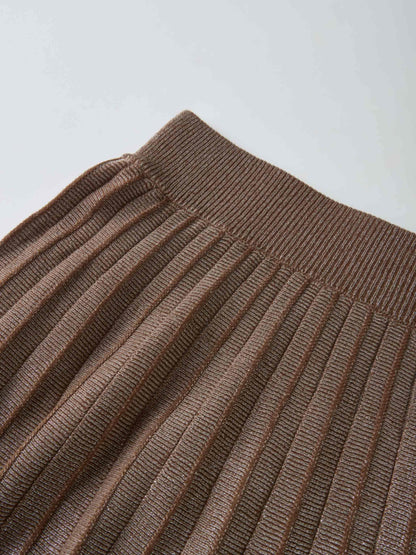 Lurex Pleat Knit Maxi Skirt - Brown