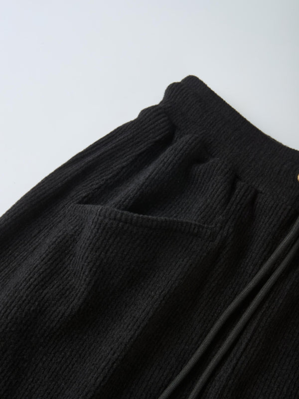 Soft Ribbed Drawstring Maxi Skirt - Black