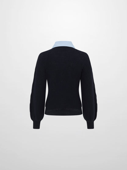 Shirt Collar Sweater - Navy/Light Blue Stripe