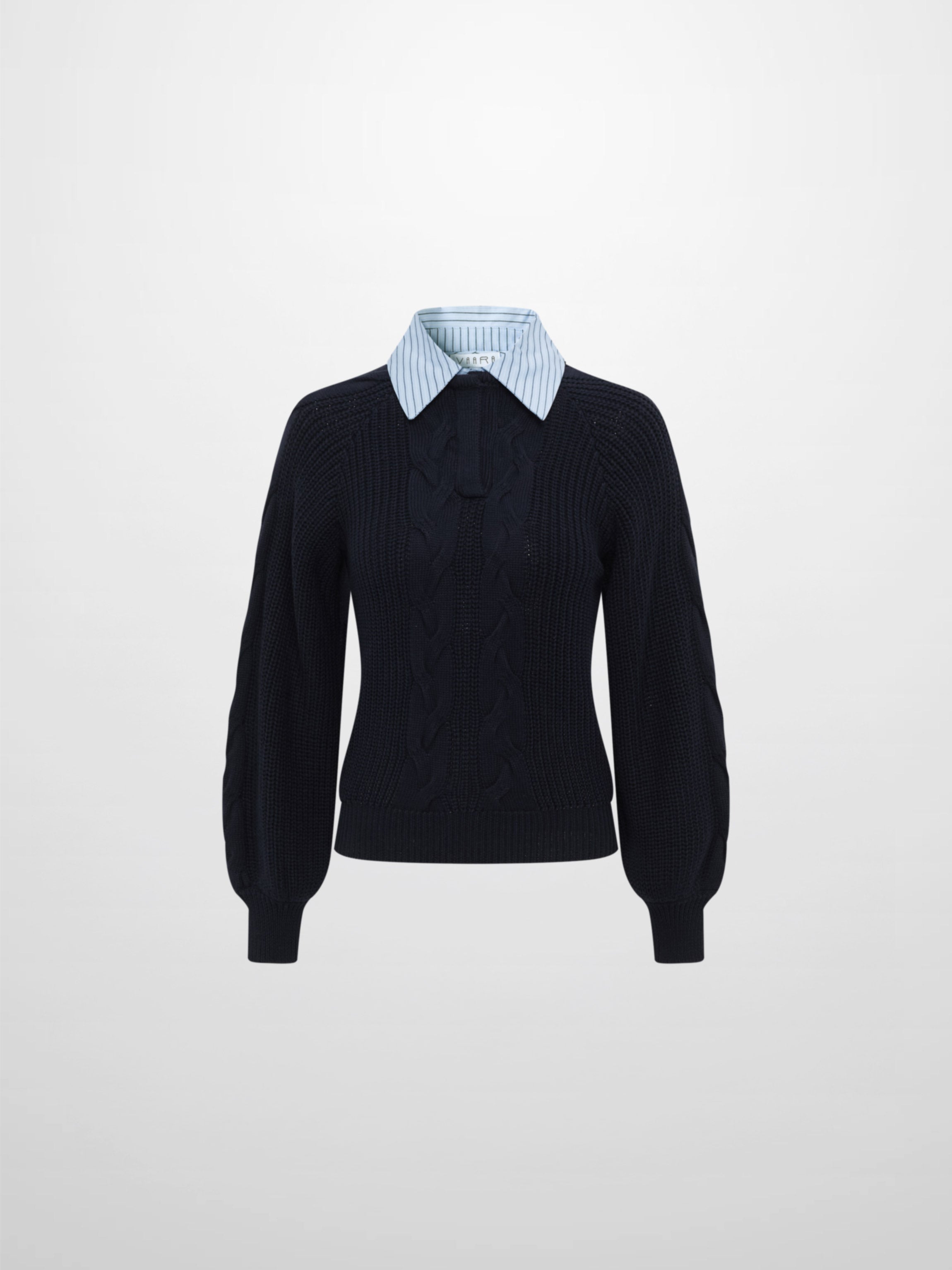 Shirt Collar Sweater - Navy/Light Blue Stripe