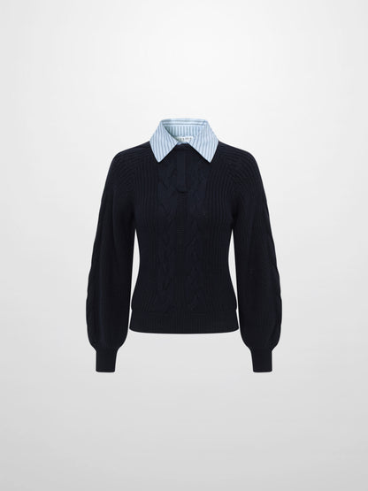 Shirt Collar Sweater - Navy/Light Blue Stripe