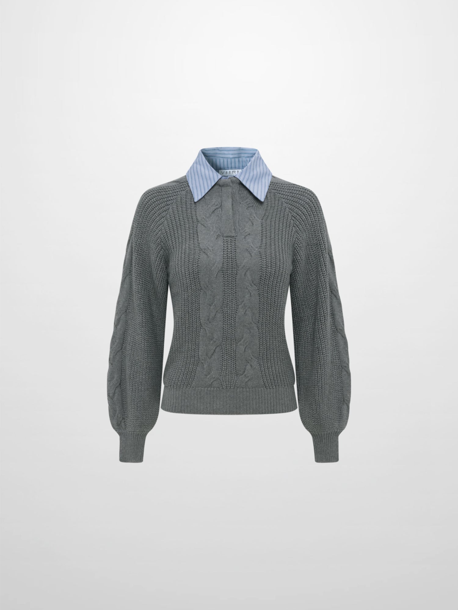 Shirt Collar Sweater - Grey/Light Blue Stripe