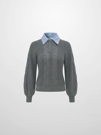 Shirt Collar Sweater - Grey/Light Blue Stripe