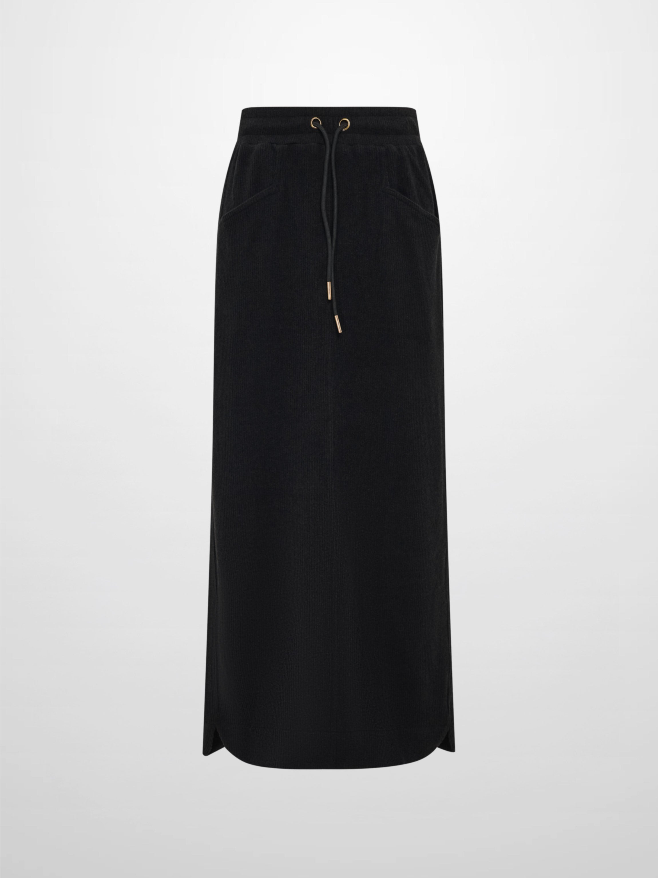 Soft Ribbed Drawstring Maxi Skirt - Black