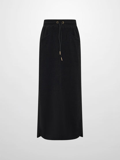 Soft Ribbed Drawstring Maxi Skirt - Black