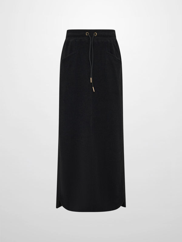 Soft Ribbed Drawstring Maxi Skirt - Black