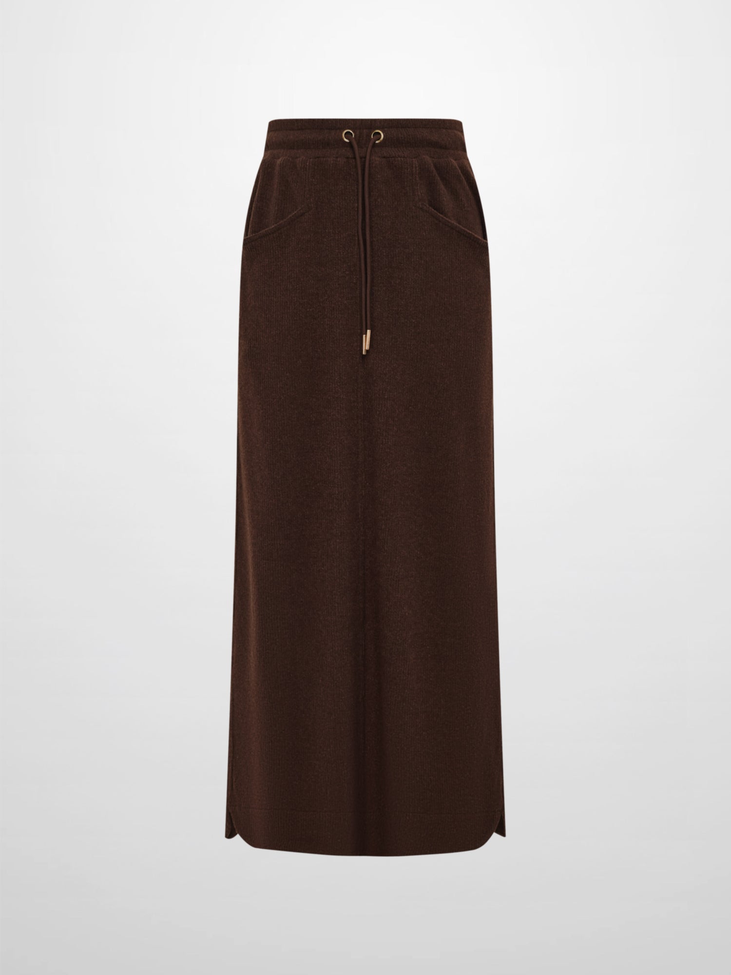 Soft Ribbed Drawstring Maxi Skirt - Dark Brown