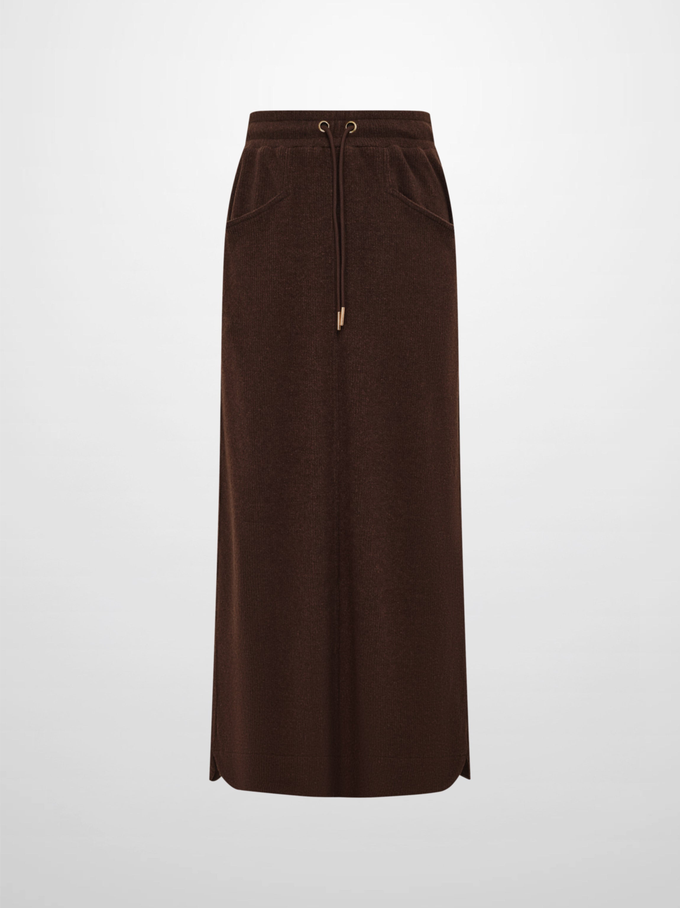 Soft Ribbed Drawstring Maxi Skirt - Dark Brown
