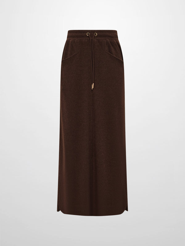 Soft Ribbed Drawstring Maxi Skirt - Dark Brown