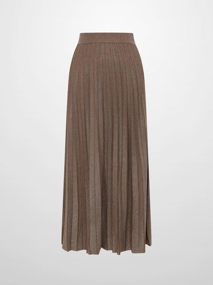 Lurex Pleat Knit Maxi Skirt - Brown