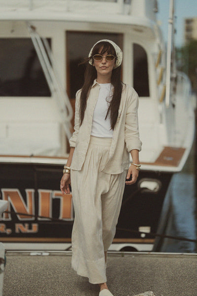 Gathered Waist Linen Skirt-Ecru