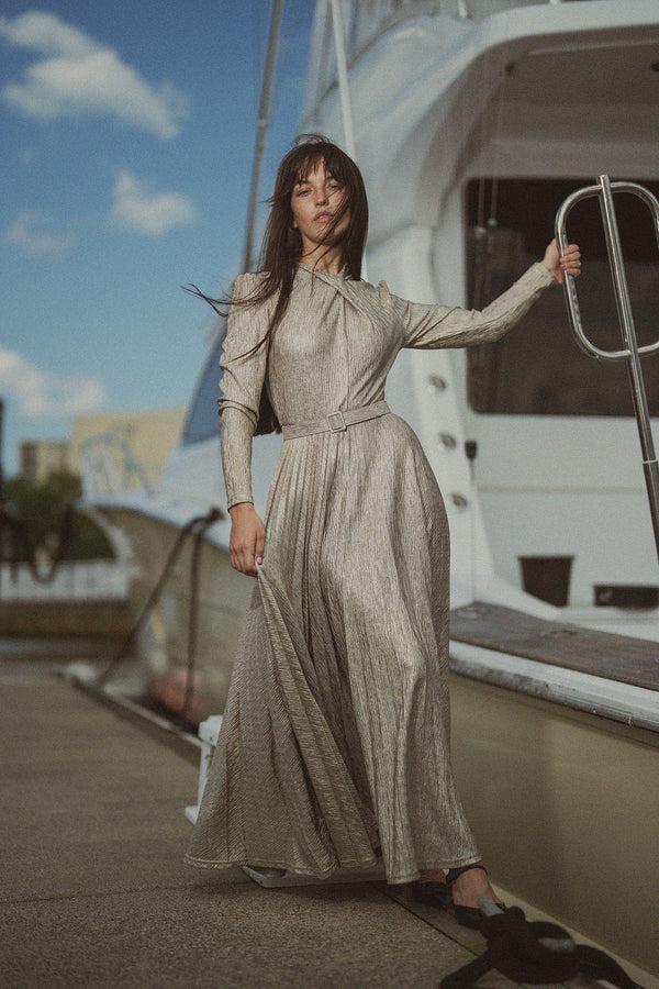 Shimmer Front Knot Pleat Dress 50"-Gold