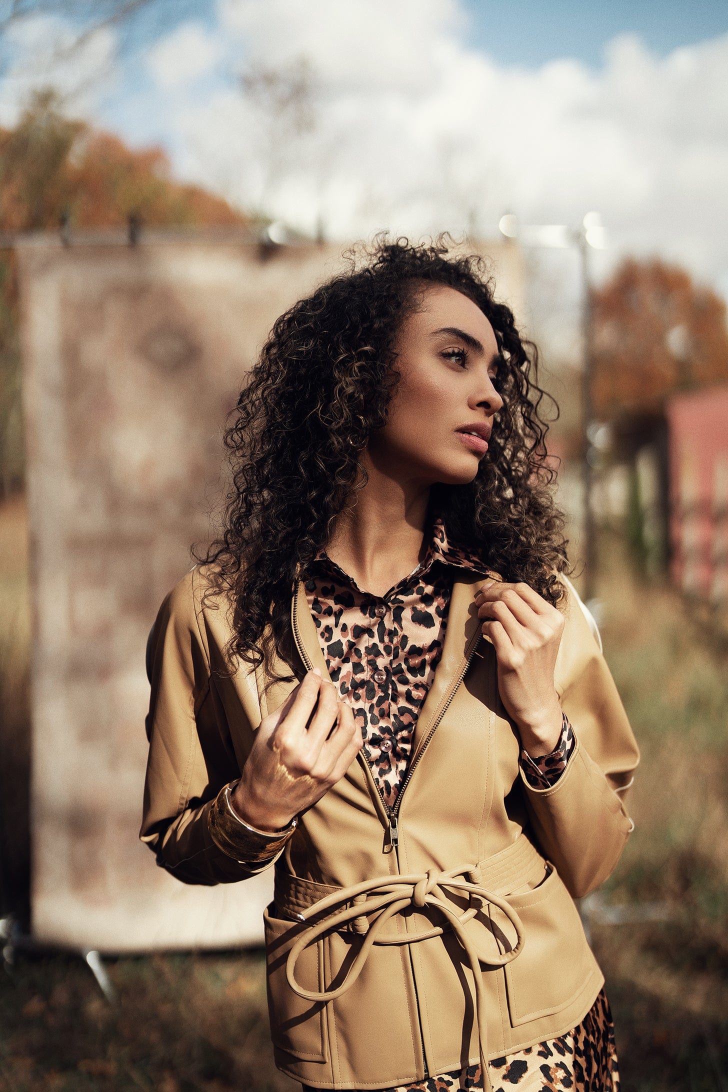 Oversized Satin Slip Blouse-Brown Leopard