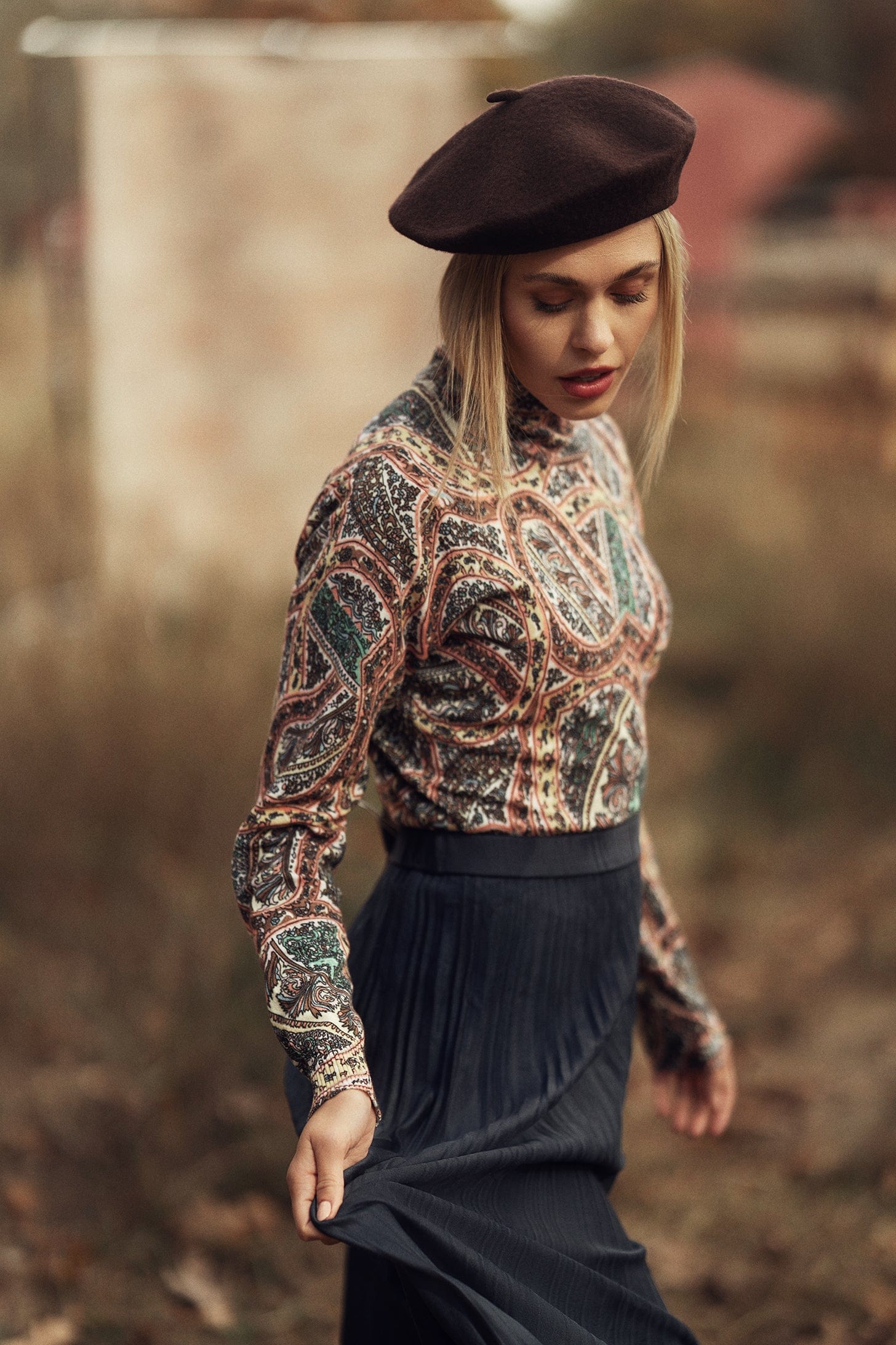 Pleated Faux Suede Skirt 37&quot;-Navy