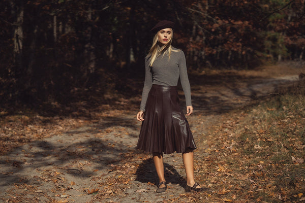 Flare Leather Skirt 27"-Brown