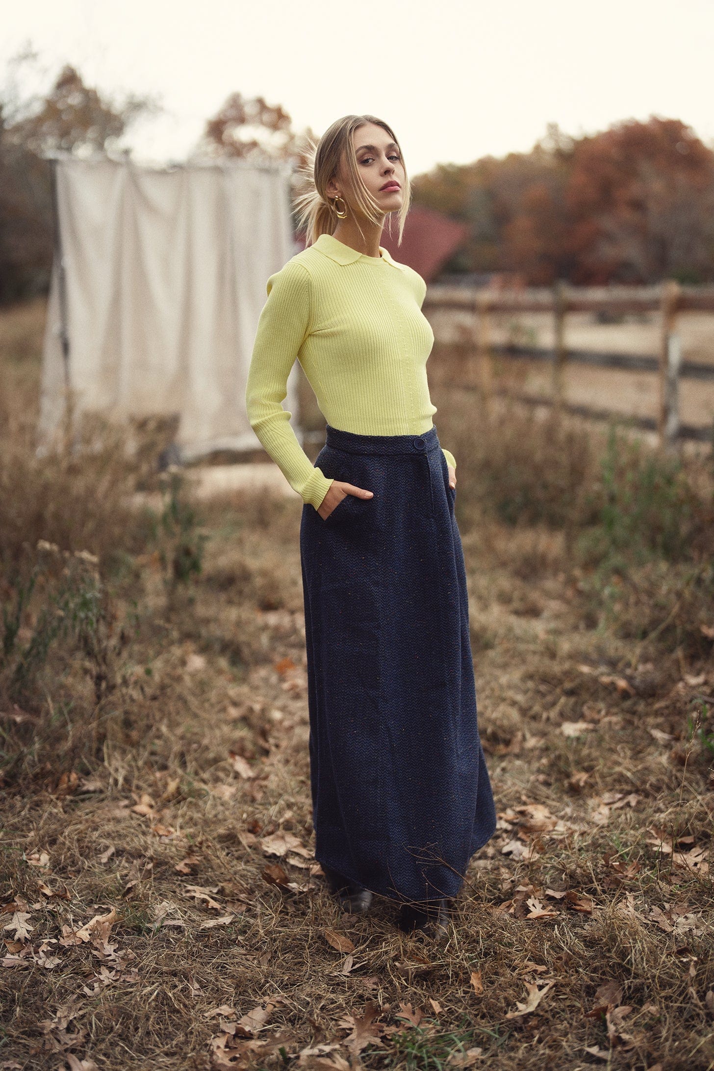 Button Front A-Line Skirt-Blue Herringbone