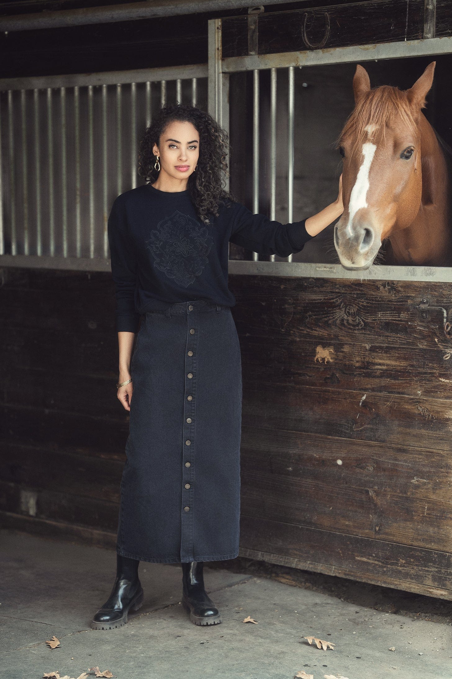 Button Down Straight Denim Skirt