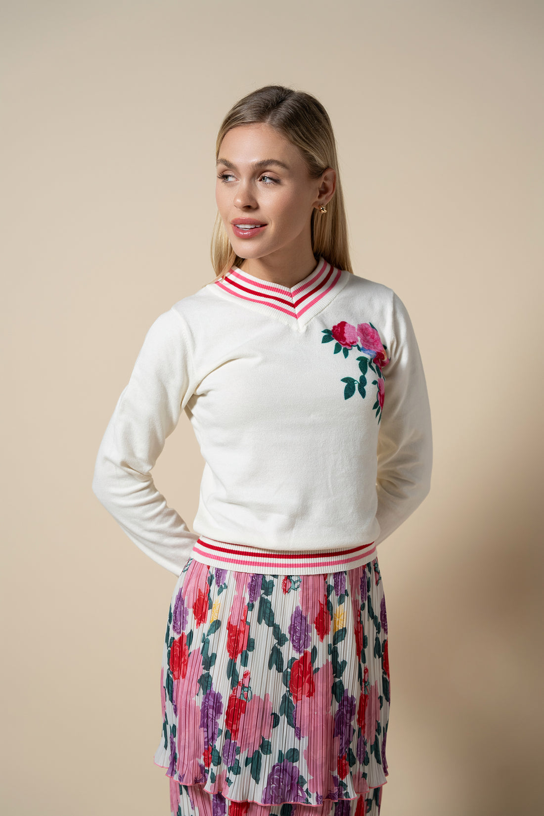 Varsity Floral Design Sweater-Pink Floral