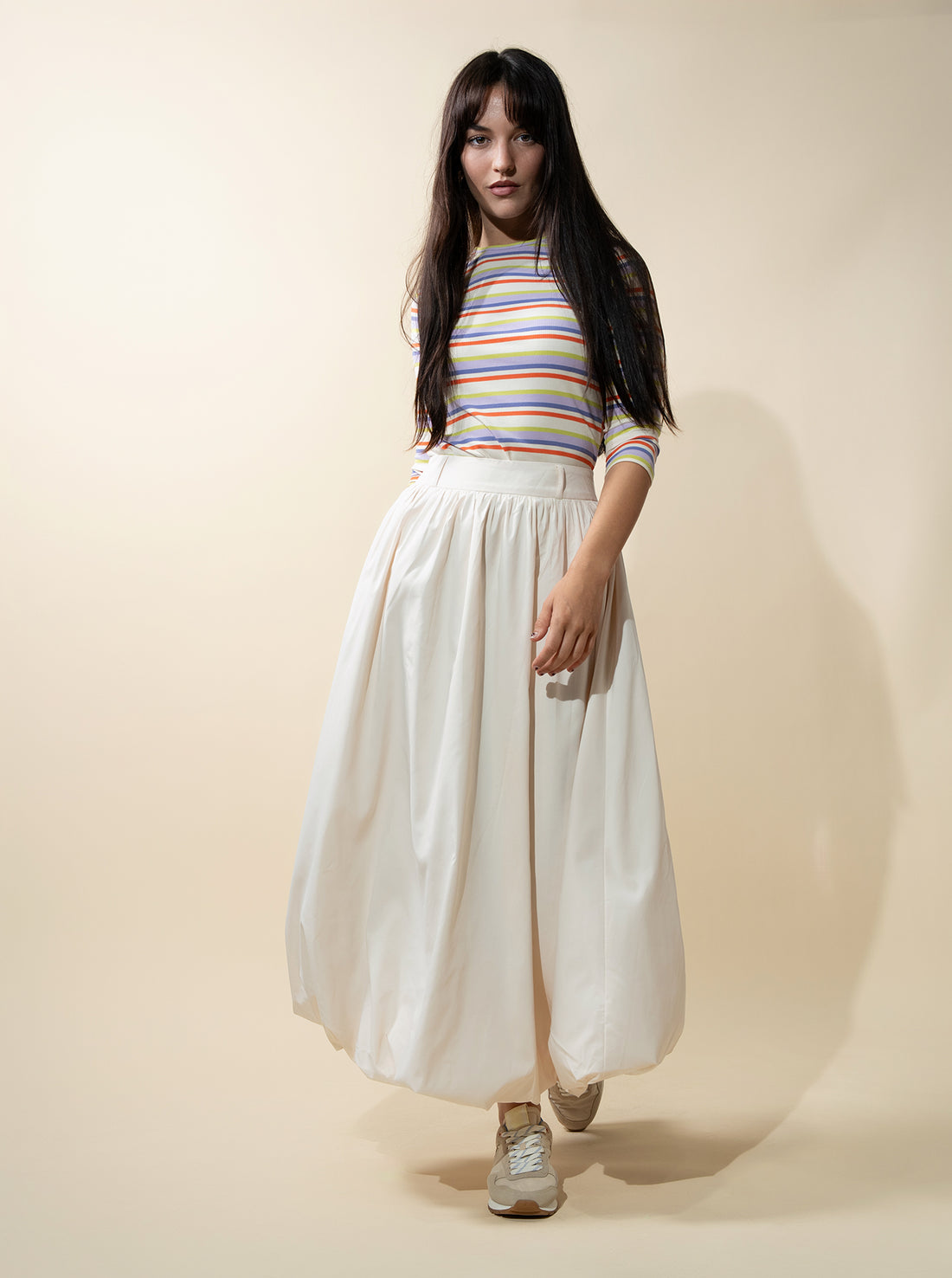 Ribbed Striped Crew 3/4 Sleeve-Orange/Purple