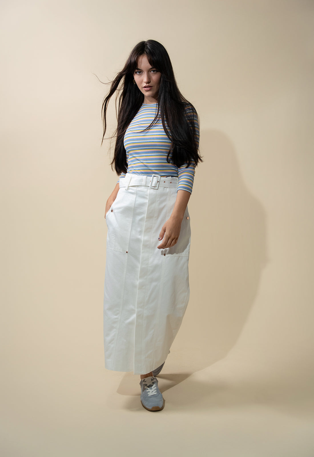 Belted Cotton Cargo Skirt-White