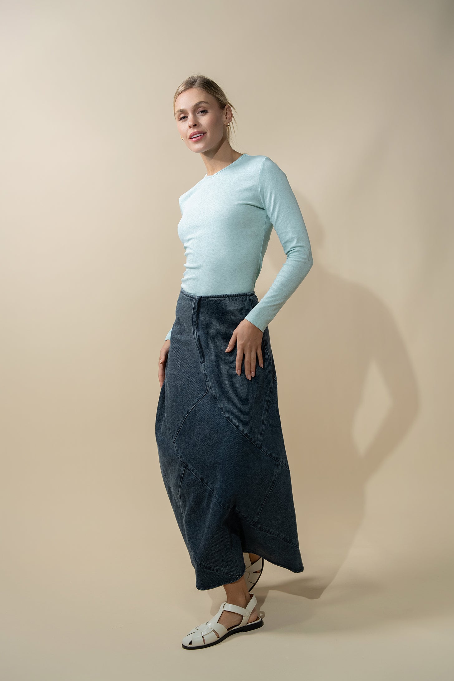 Basic High V Tee Long Sleeve-Heathered Mint/Grey