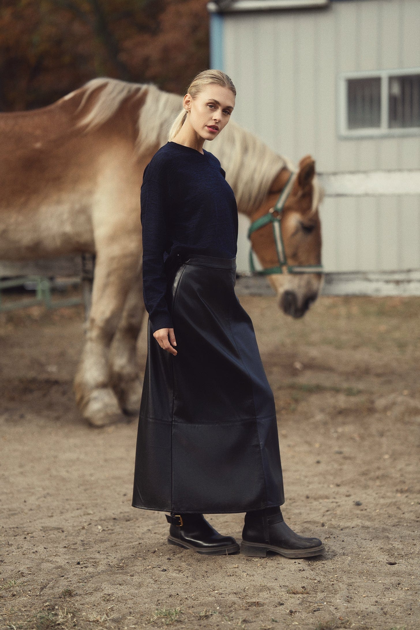 Two Tone Leather Skirt-Black/Blue