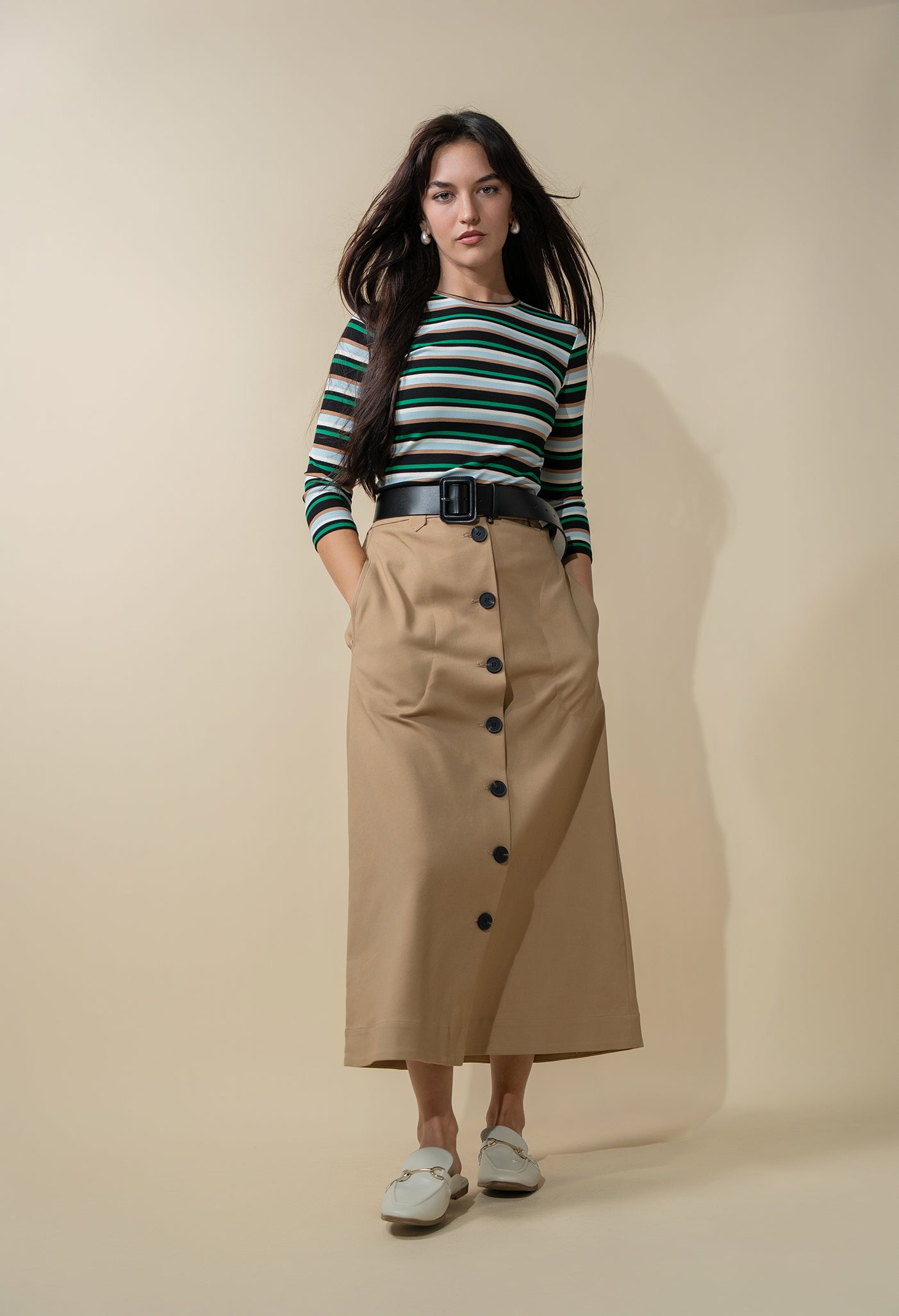 Ribbed Striped Crew 3/4 Sleeve-Green