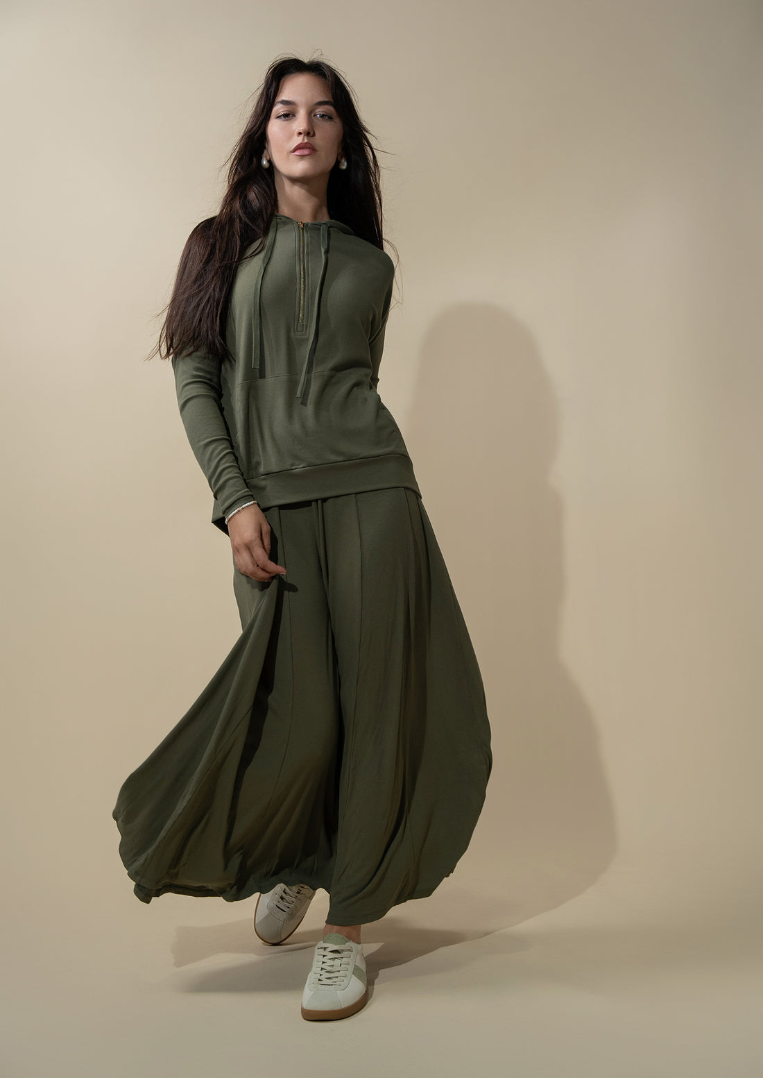 Ribbed Half Zip Hoodie Tee-Olive Green