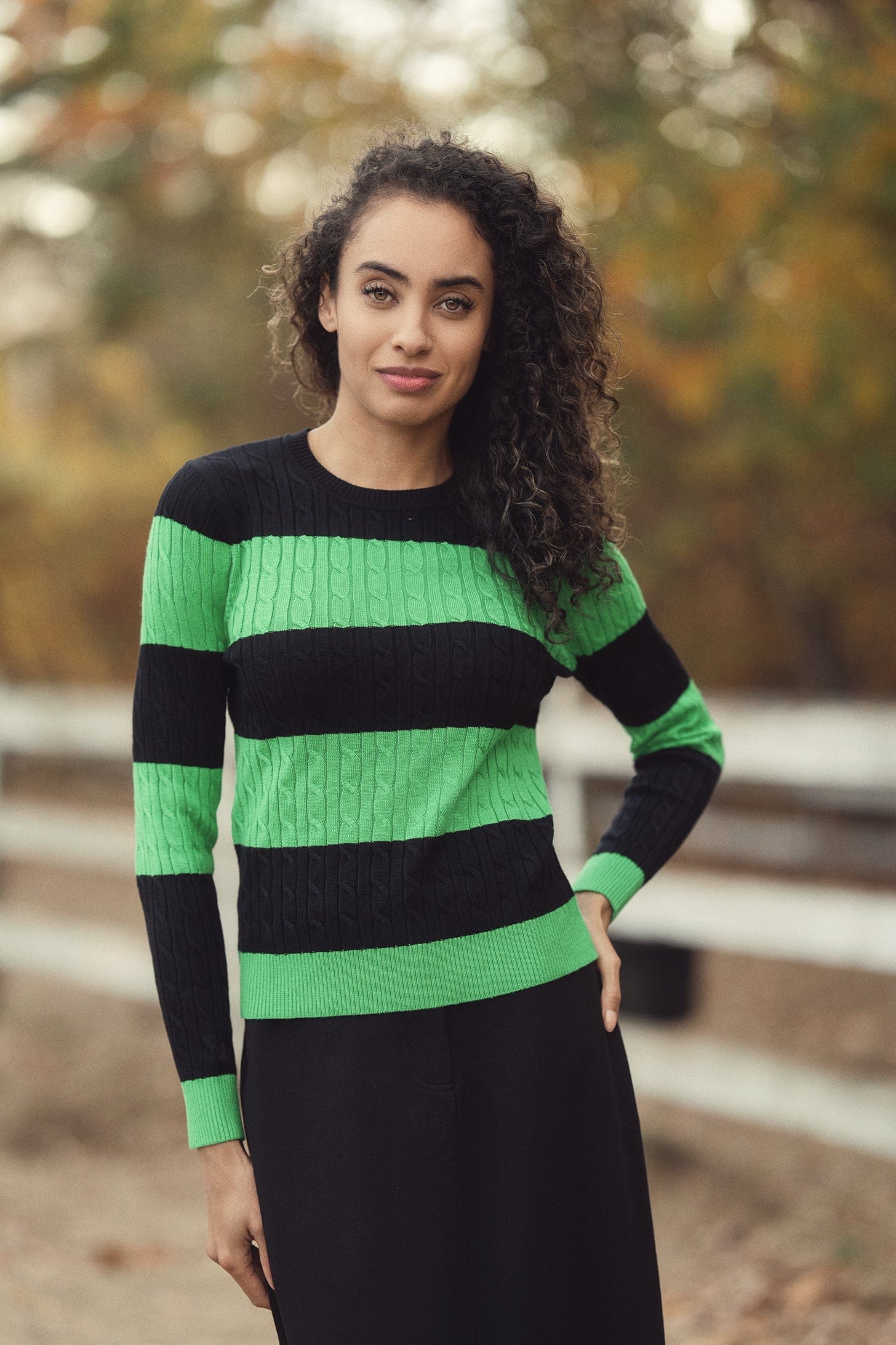 Striped Cable Sweater-Black/Kelly Green