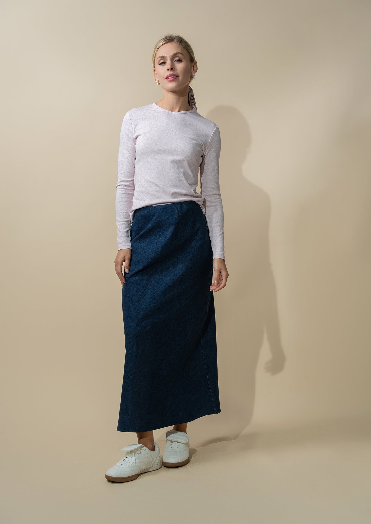 Basic High V Tee Long Sleeve-Heathered Pink/Grey