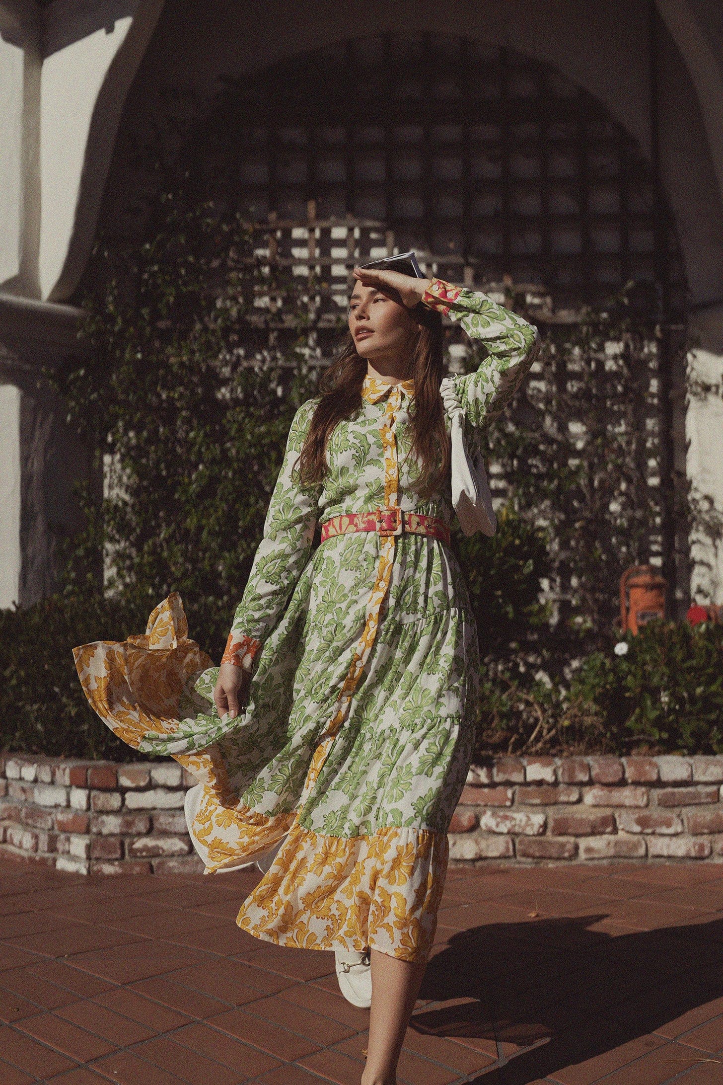 Belted Tiered Dress-Green Floral