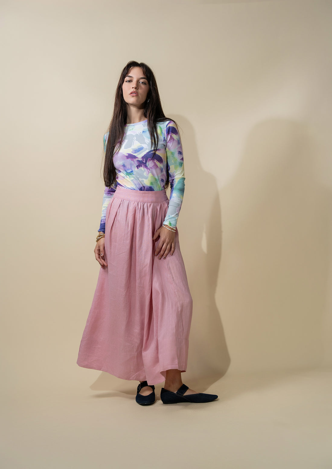 Gathered Waist Linen Skirt-Blush