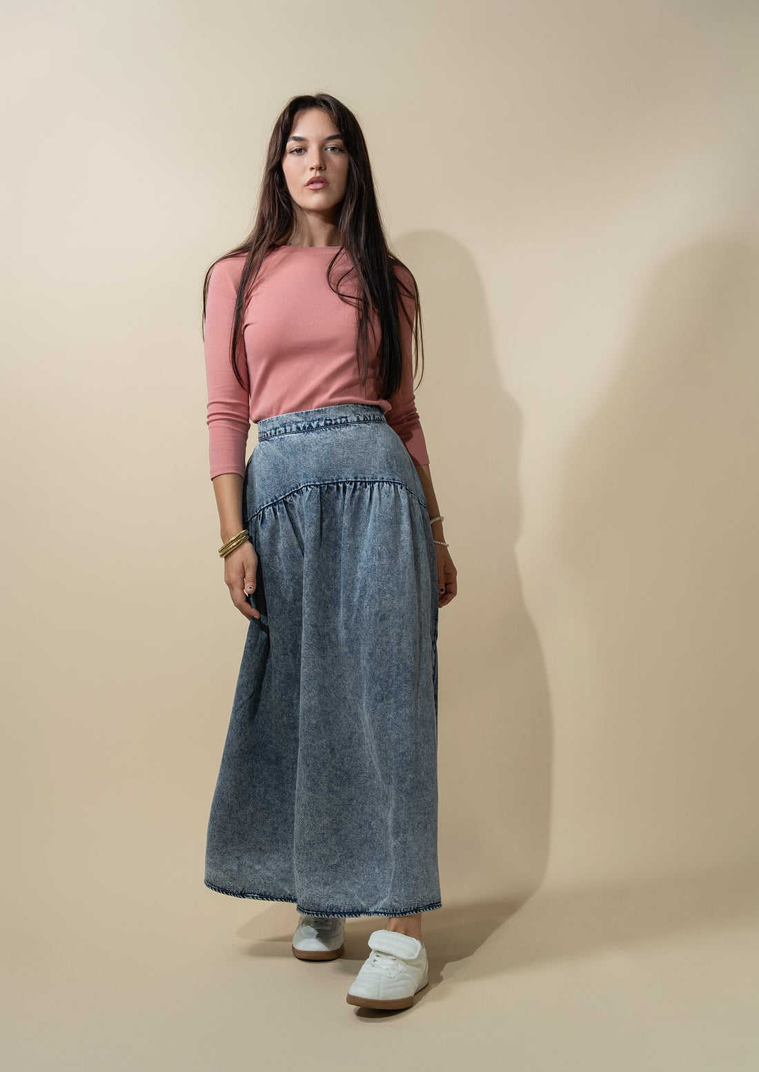 Curved Yoke Washed Denim Skirt 37&quot;-Washed Blue