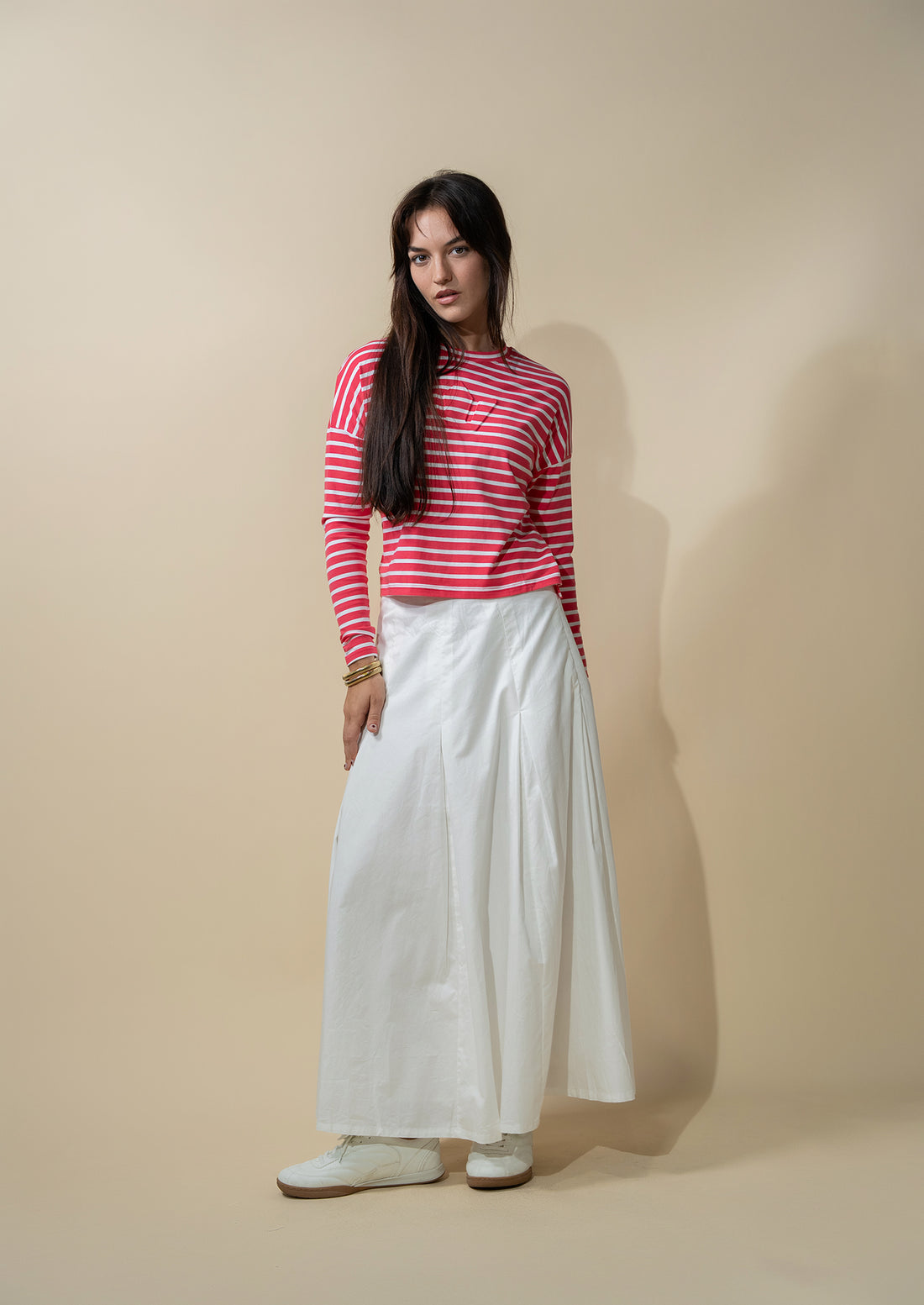 Stitch Down Cotton Pleated Skirt-White