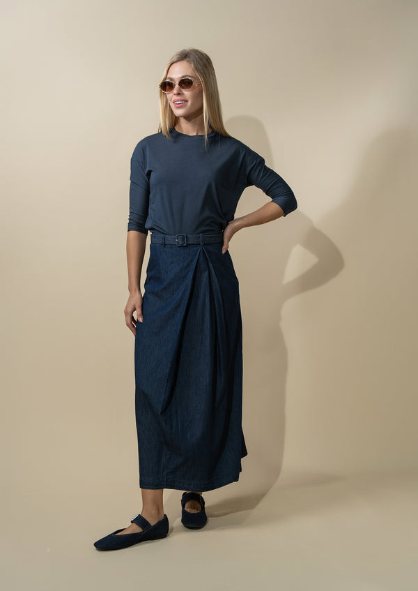 Side Inverted Pleat Denim Skirt-Dark Blue