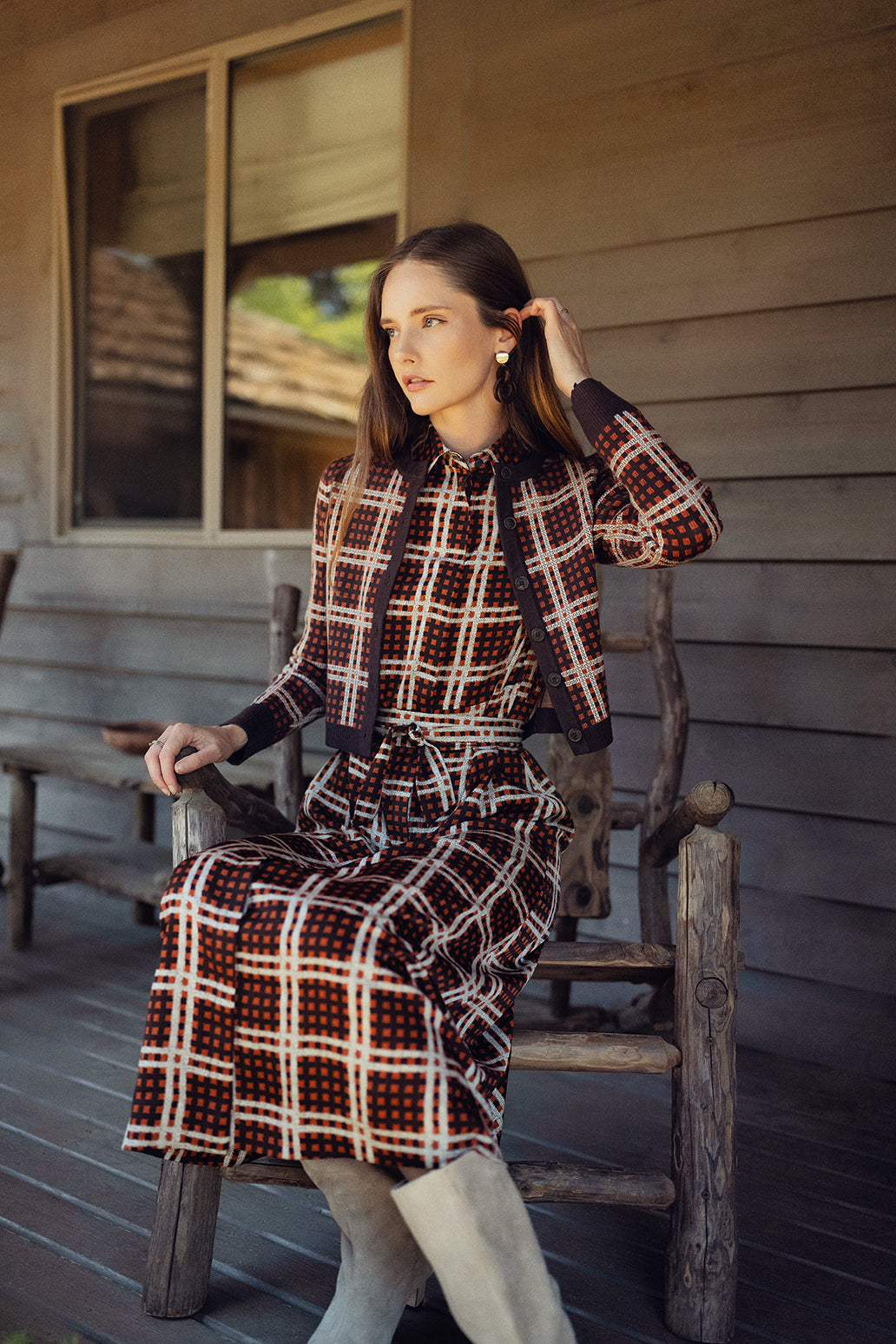 Buttoned Cardigan-Brown/Rust Plaid