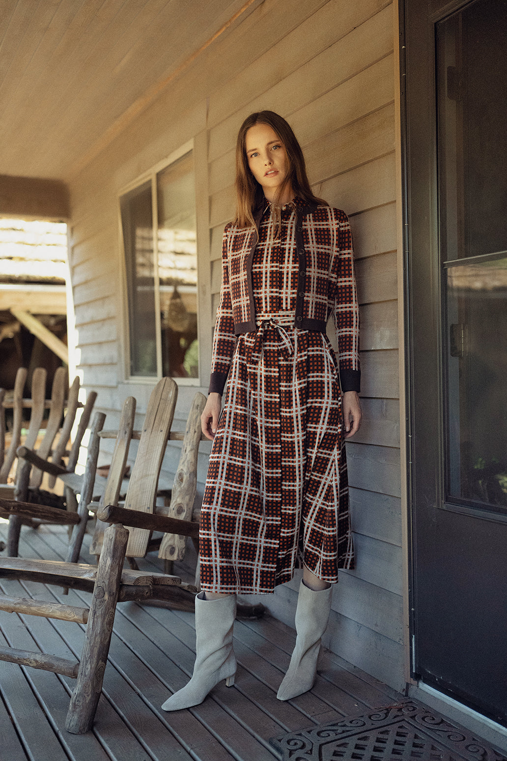 Basic Belted A-Line Dress-Brown/Rust Plaid