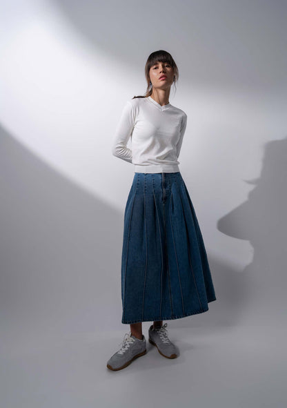 Stitched Pleated Denim Skirt-Blue